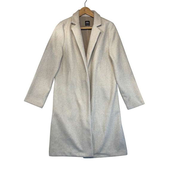 ZARA‎ Long Cream Beige Lapel Collar Coat Classic Staple Neutral Soft Medium - Picture 2 of 12